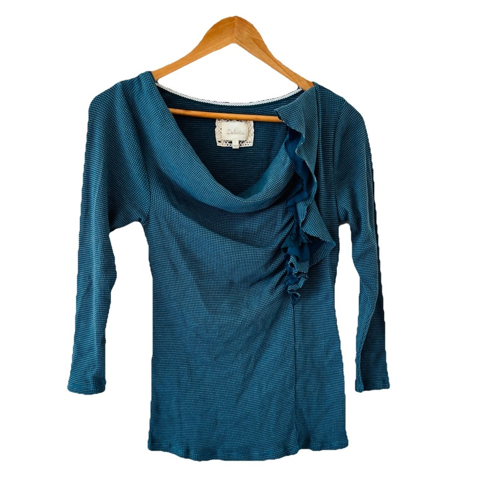 Anthropologie Deletta Teal Cowl Neck Ruffle Top Womens M Waffle Knit Ophelia